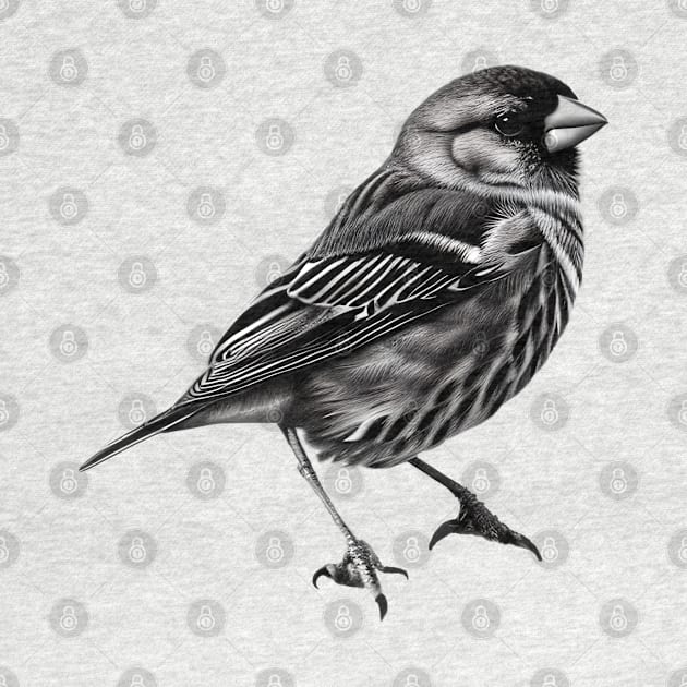 Finch Drawing in Black and White - Monochrome Drawing Bird by 1FunLife